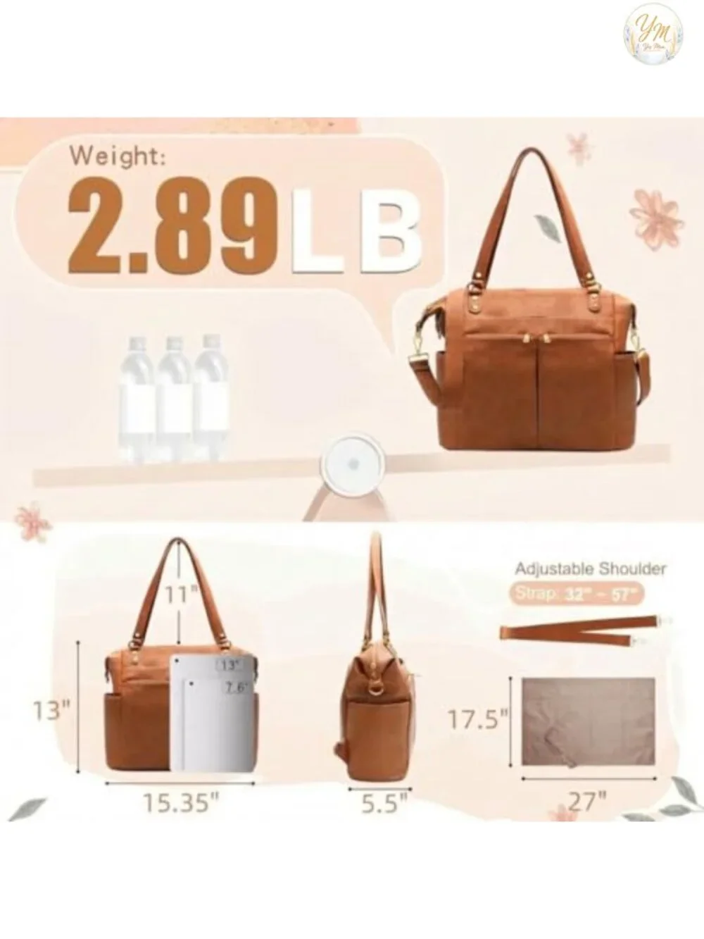 Convertible Diaper Bag Backpack Tote Vegan Leather Waterproof Nylon 13 Pockets